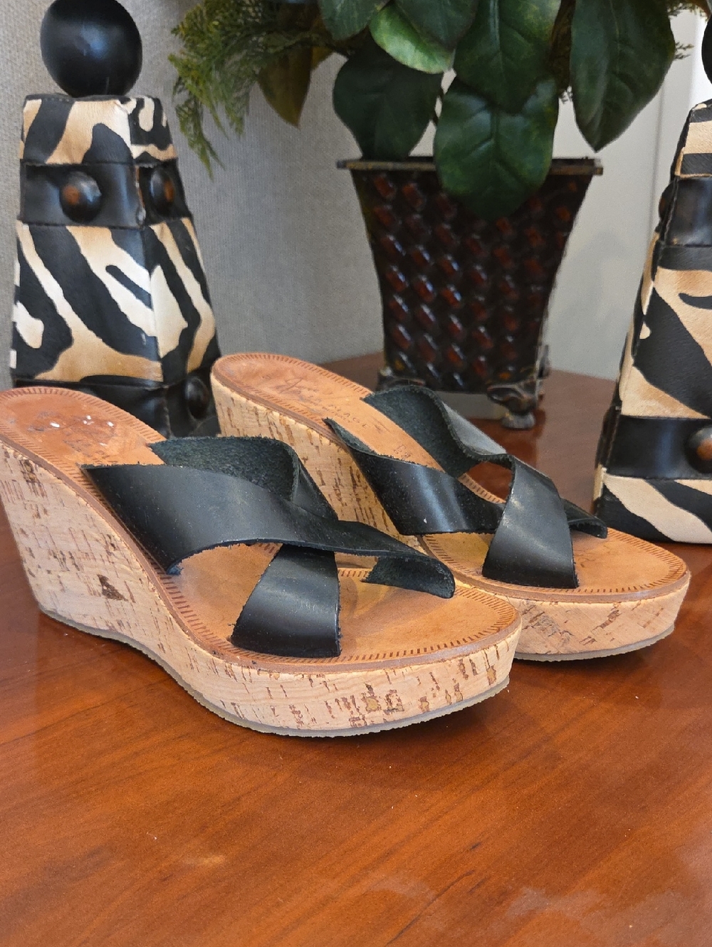 Black Leather Crisscross Cork Wedge Sandals